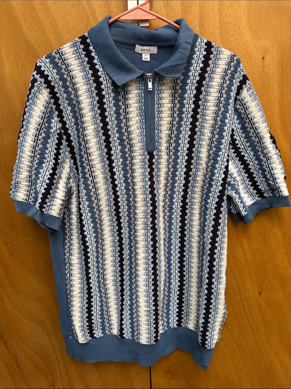 Reiss Blue and Cream Striped Zip-Up Short-Sleeve Sweater